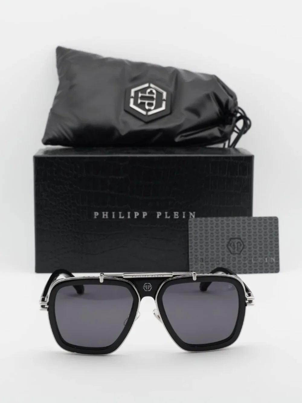 Philipp Plein SPP109M 0700 Aviator Sunglasses – Shiny Black/Grey